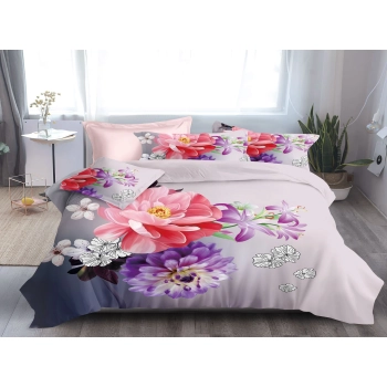 Pościel 200x220 z prześcieradłem Bawełna satynowa fioletowy kwiat PK428